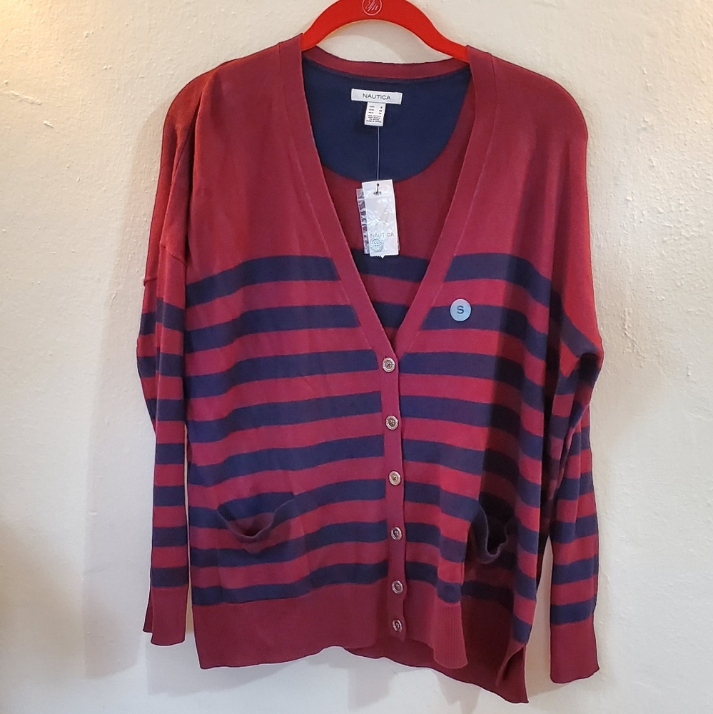 Nautica Preppy Striped Academia Boyfriend Cardigan Sweater